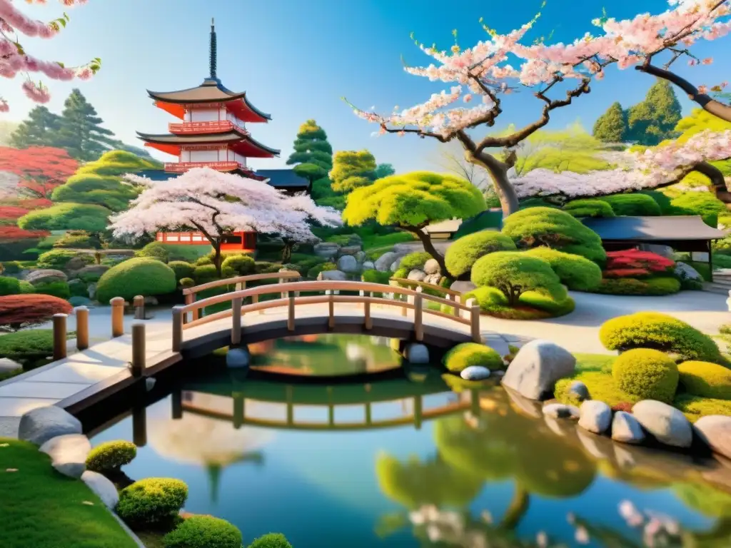 Un jardín japonés tradicional con cerezos en flor y una pagoda, ideal para comunidades musulmanas en Japón