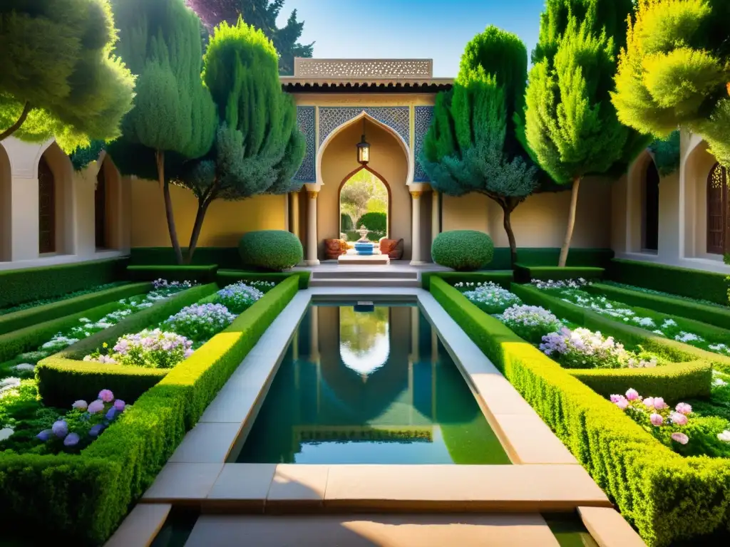 Un jardín persa tradicional con colores vibrantes, patrones geométricos, vegetación exuberante y agua, reflejando la visión islámica del universo