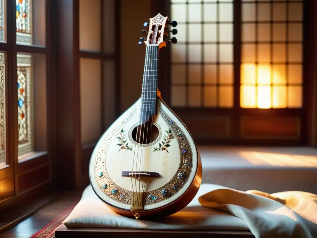 Un oud tradicional reposa en un cojín ricamente decorado, iluminado por una suave luz