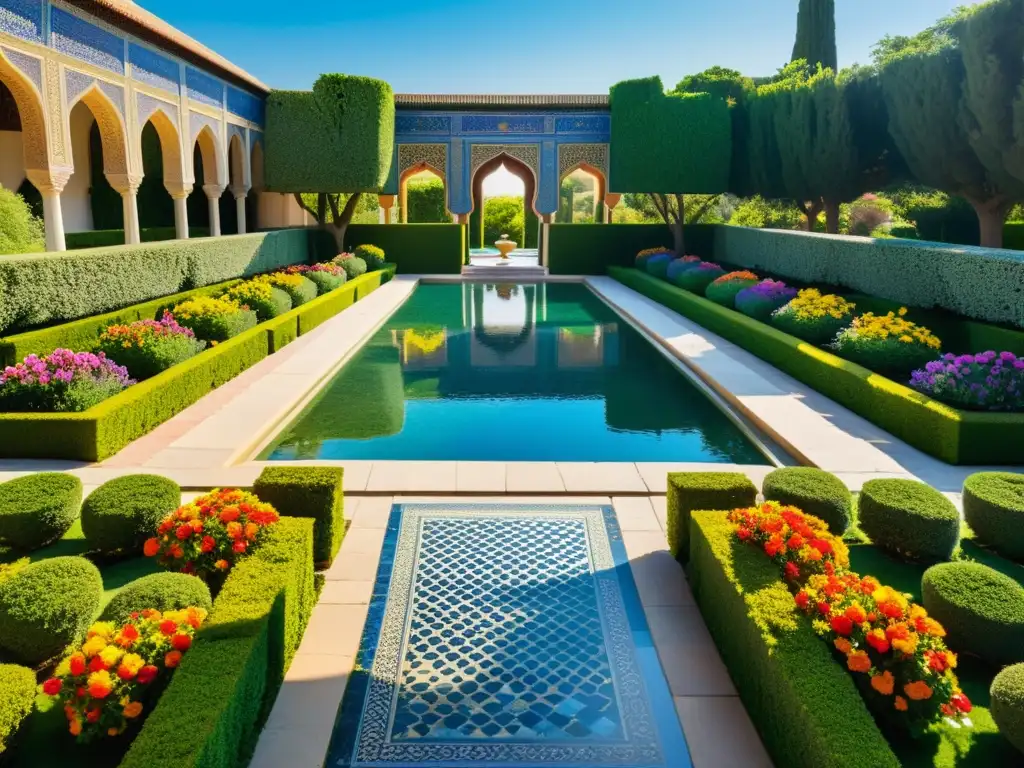 Un jardín persa tradicional, lleno de flores vibrantes y coloridas, setos meticulosamente recortados y una serena piscina reflectante en el centro