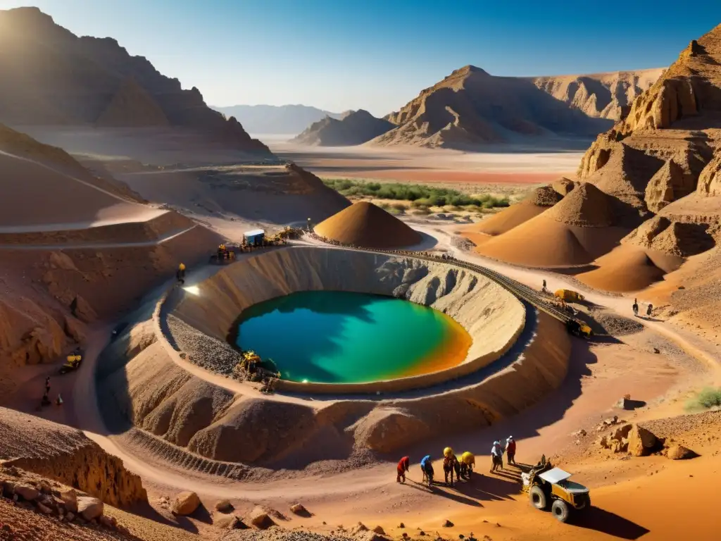 Tradicional minería islámica en desierto, con mineros y coloridas rocas