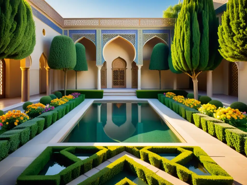 Un jardín persa tradicional, con patrones geométricos, exuberante vegetación, flores coloridas y arquitectura elegante