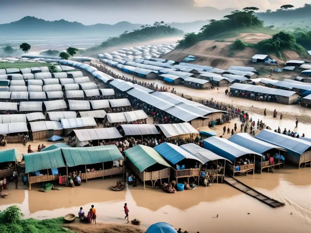 Campo de refugiados Rohingya: lucha y esperanza Tragedia Rohingya lucha supervivencia: campamento abrumador con refugio precario y rostros desesperados