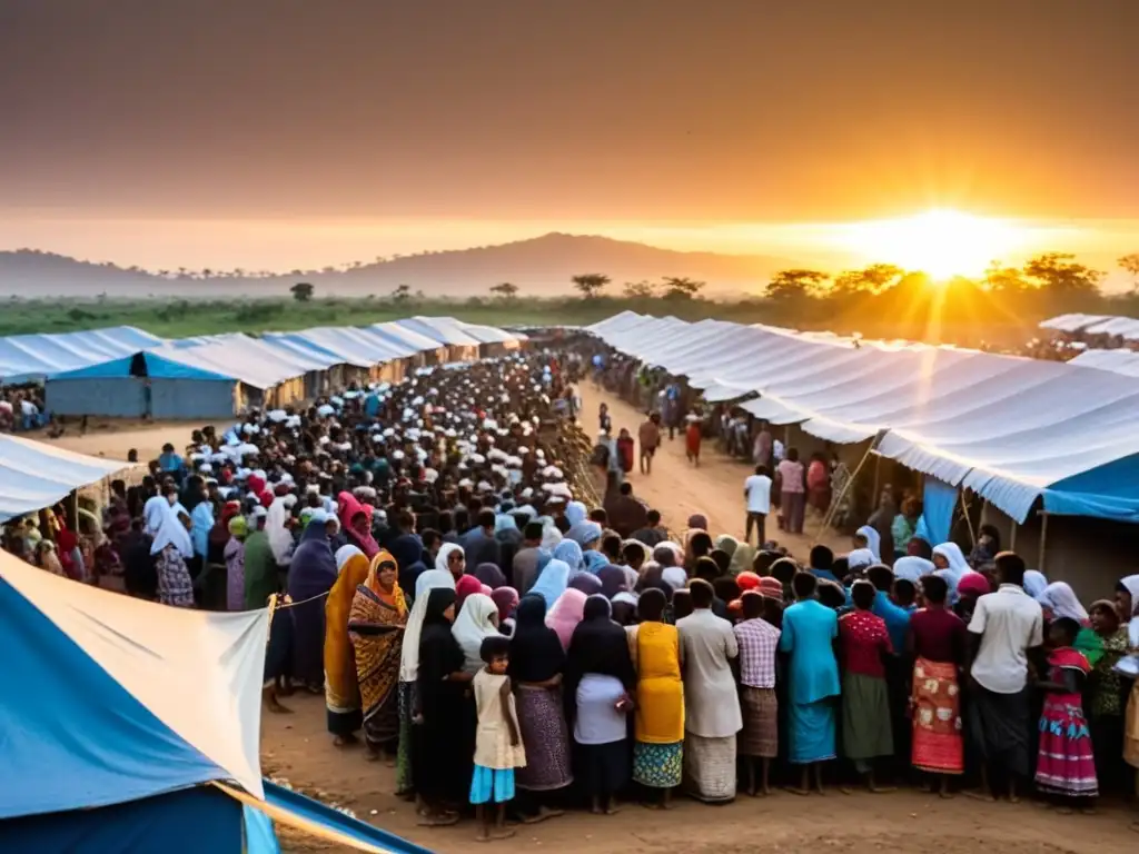 Refugiados rohingya en campamento de esperanza Tragedia Rohingya: lucha y supervivencia en el campamento de refugiados al atardecer