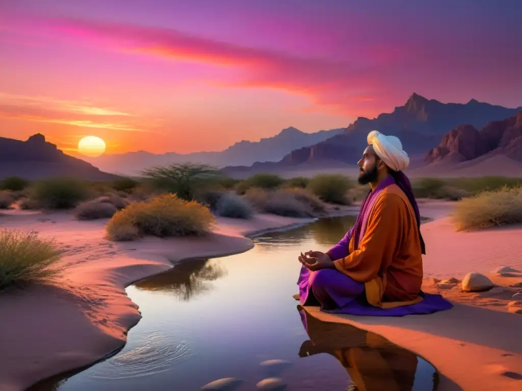 Figura en traje Sufi medita en desierto al atardecer, transmitiendo paz y espiritualidad