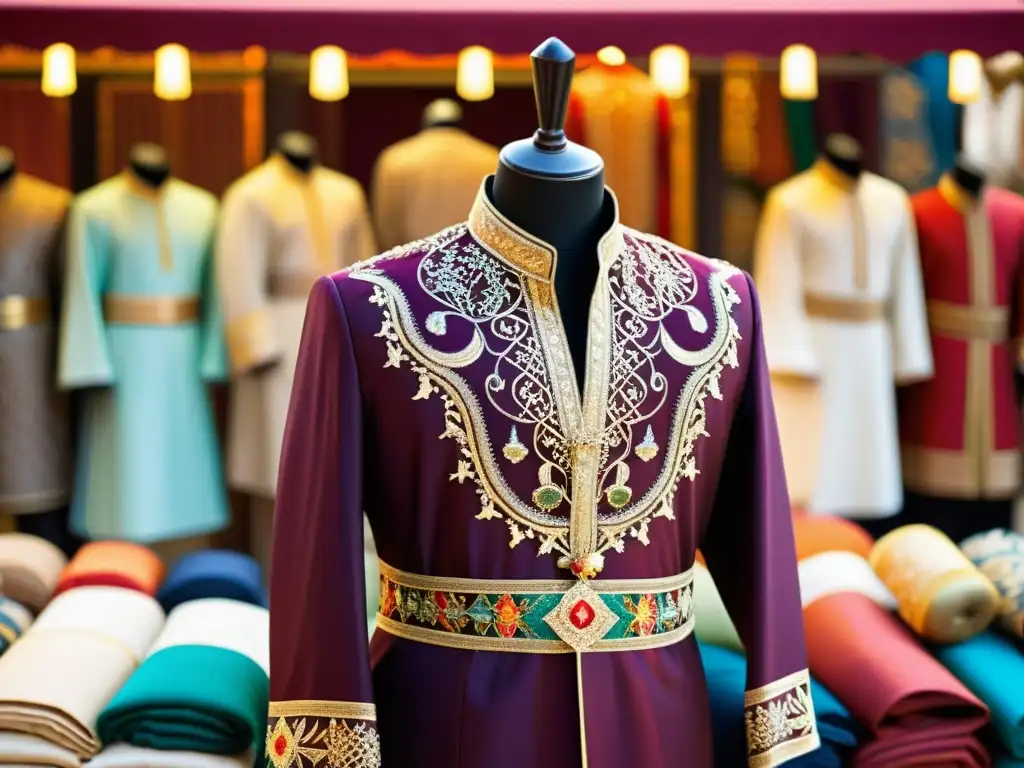 Traje tradicional islámico: detalles vibrantes y elegancia atemporal Un traje masculino islámico Halal con bordados detallados y colores vibrantes, en un bullicioso mercado del Medio Oriente