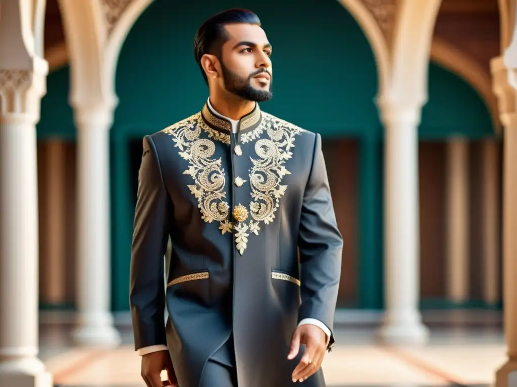 Imagen impactante de hombre musulmán moderno en atuendo Halal Evolución del traje masculino islámico Halal: un hombre moderno y seguro con thobe y chaqueta, en un entorno urbano elegante