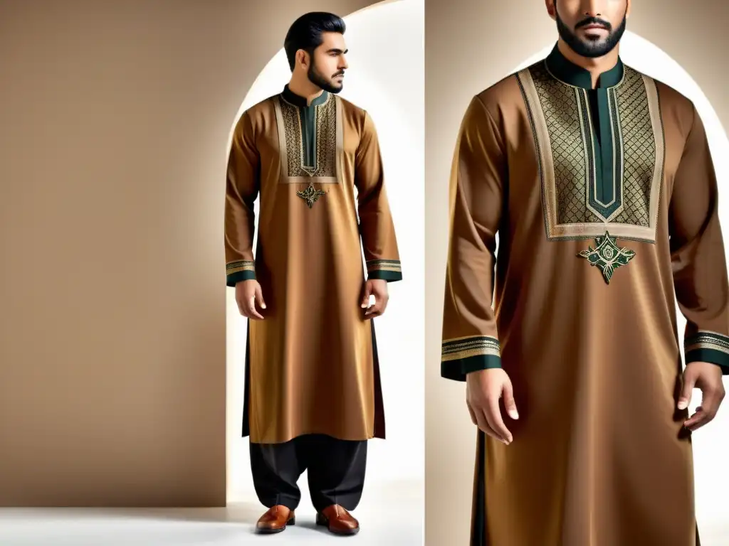 Thobe tradicional evoluciona a versión moderna y halal La evolución del traje masculino islámico Halal en una ilustración realista, fusionando lo tradicional con lo moderno en un entorno urbano vibrante