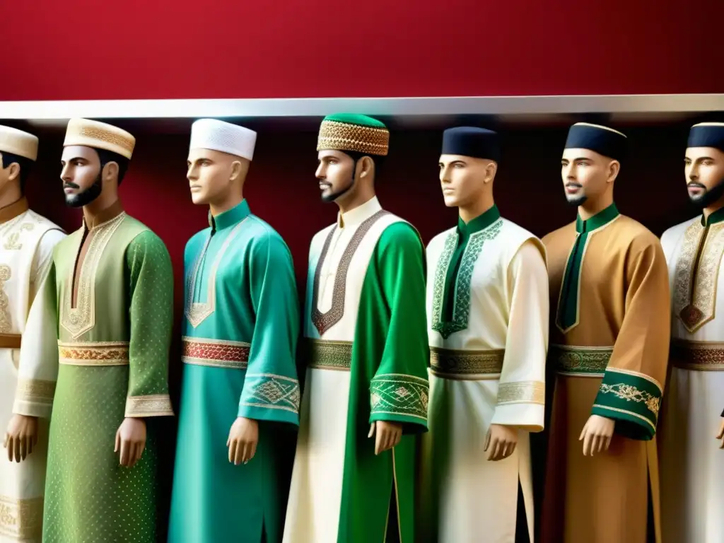 Vestimenta Halal Masculina: Evolución Auténtica Evolución traje masculino islámico Halal: Fotorealista línea de maniquíes vestidos con atuendos tradicionales de varios países islámicos, con detalles auténticos y contexto cultural
