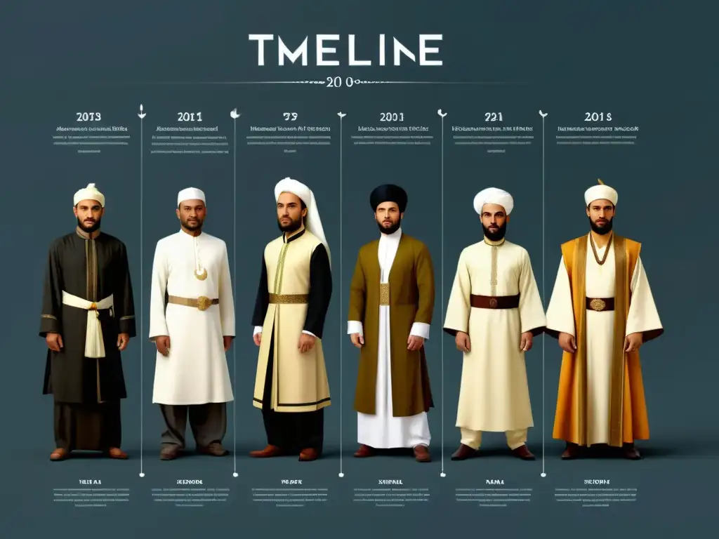 Evolución histórica de la moda masculina islámica: de tradicional a moderna La evolución del traje masculino islámico Halal, desde lo tradicional a lo moderno, representada en una línea de tiempo detallada y cautivadora