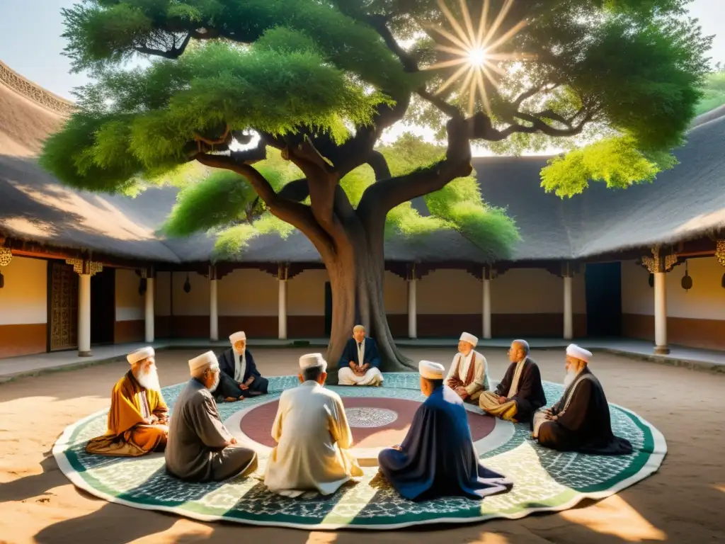 Tranquil patio asiático con maestros Sufi transmitiendo sabiduría a discípulos bajo un árbol centenario