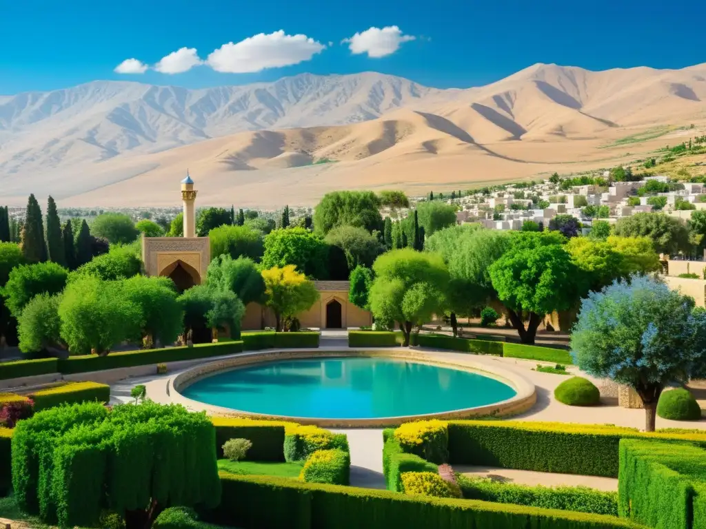 Jardín tranquilo con arquitectura persa en Shiraz, Irán, evocando la tradición poética Persia de Firdousi y Saadi