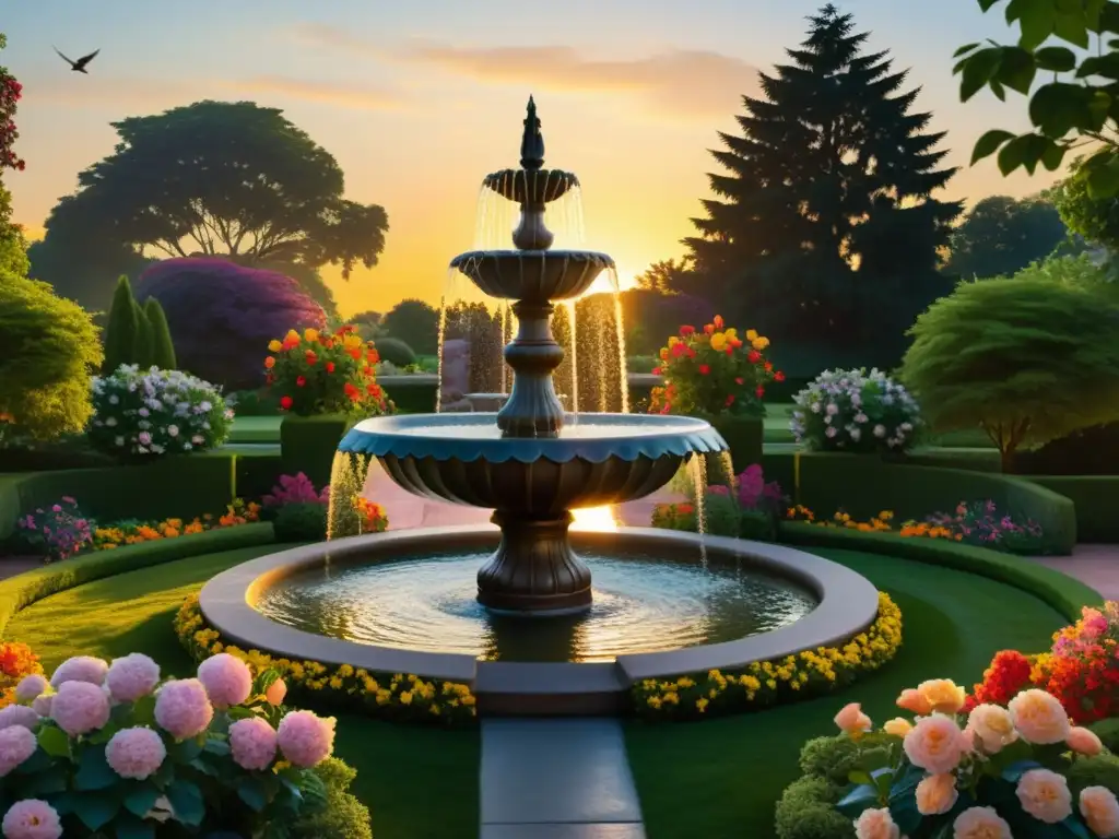 Un jardín tranquilo al atardecer, con flores vibrantes y una fuente ornamental, evocando la poesía mística de Rumi