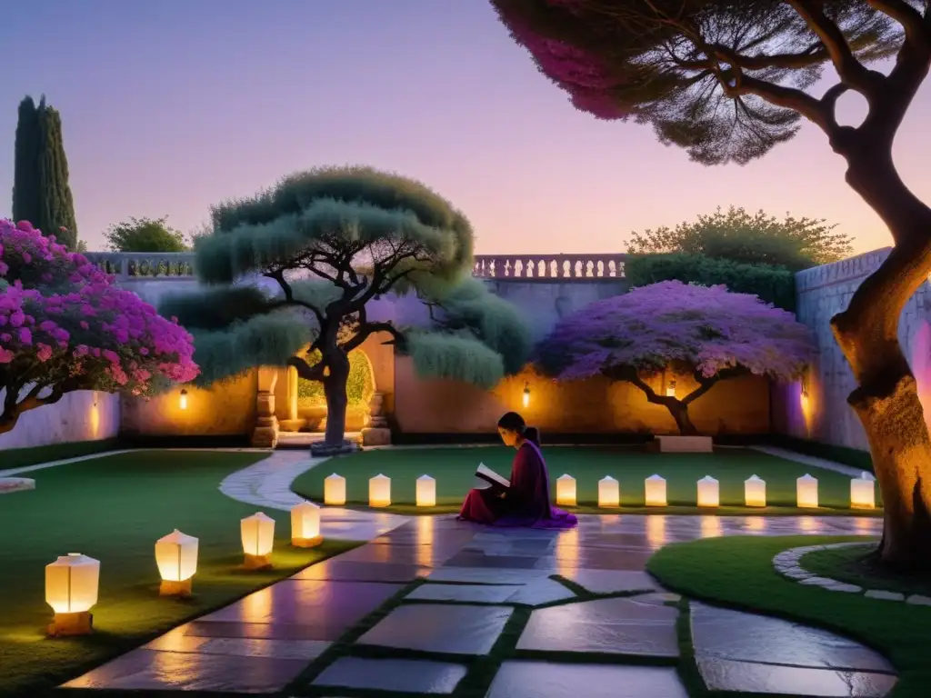 Un jardín tranquilo al atardecer, con la luz suave de las linternas iluminando el camino hacia una fuente de mármol