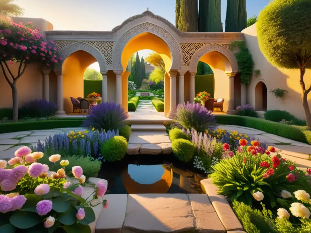 Un jardín persa tranquilo con flores vibrantes, arroyo y arcos de piedra