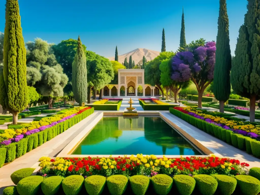 Jardín tranquilo en Shiraz, Irán, con flores vibrantes y cipreses antiguos