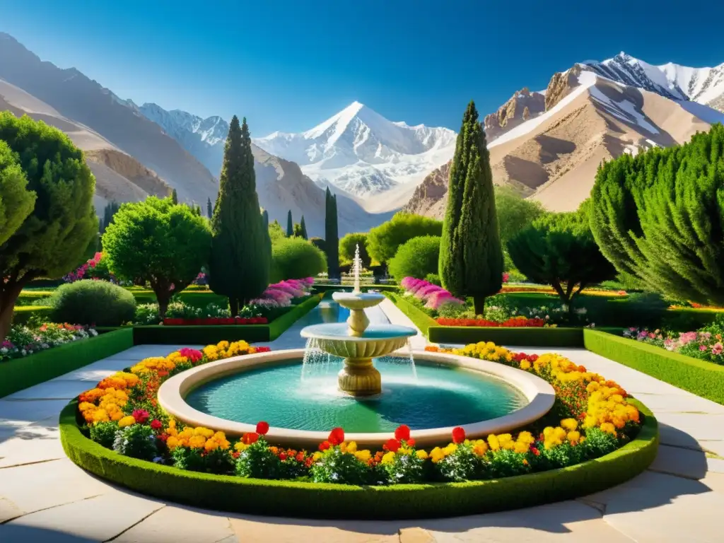 Jardín persa: oasis de tranquilidad y belleza Un jardín persa tranquilo, con flores vibrantes, patrones geométricos y una fuente de mármol