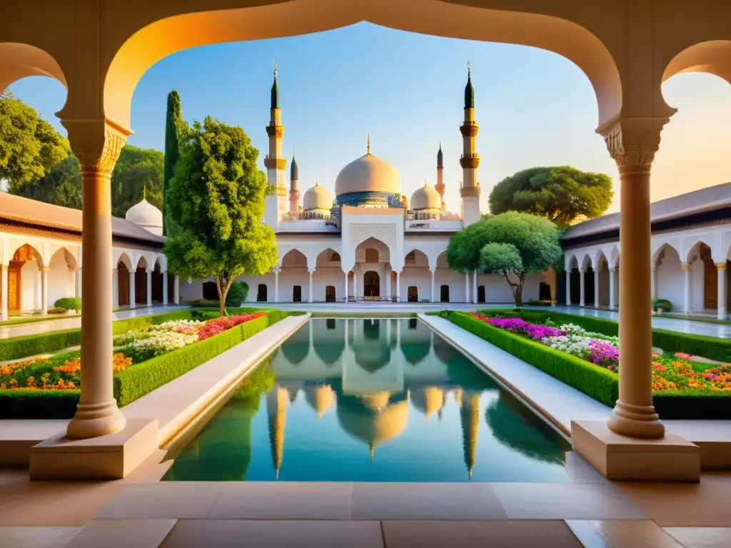 Un jardín tranquilo con flores vibrantes, una piscina serena y una antigua mezquita, evocando misticismo en la poesía sufí