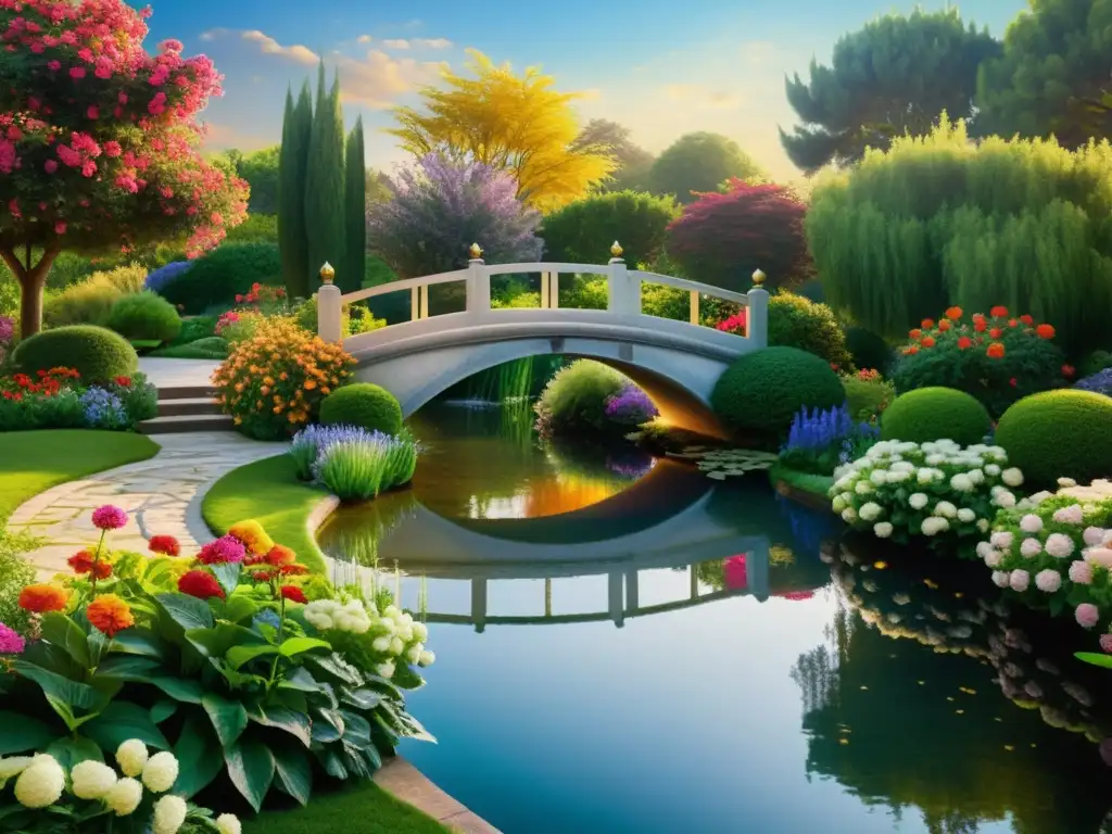 Jardín tranquilo con flores vibrantes, puente arqueado y estanque sereno