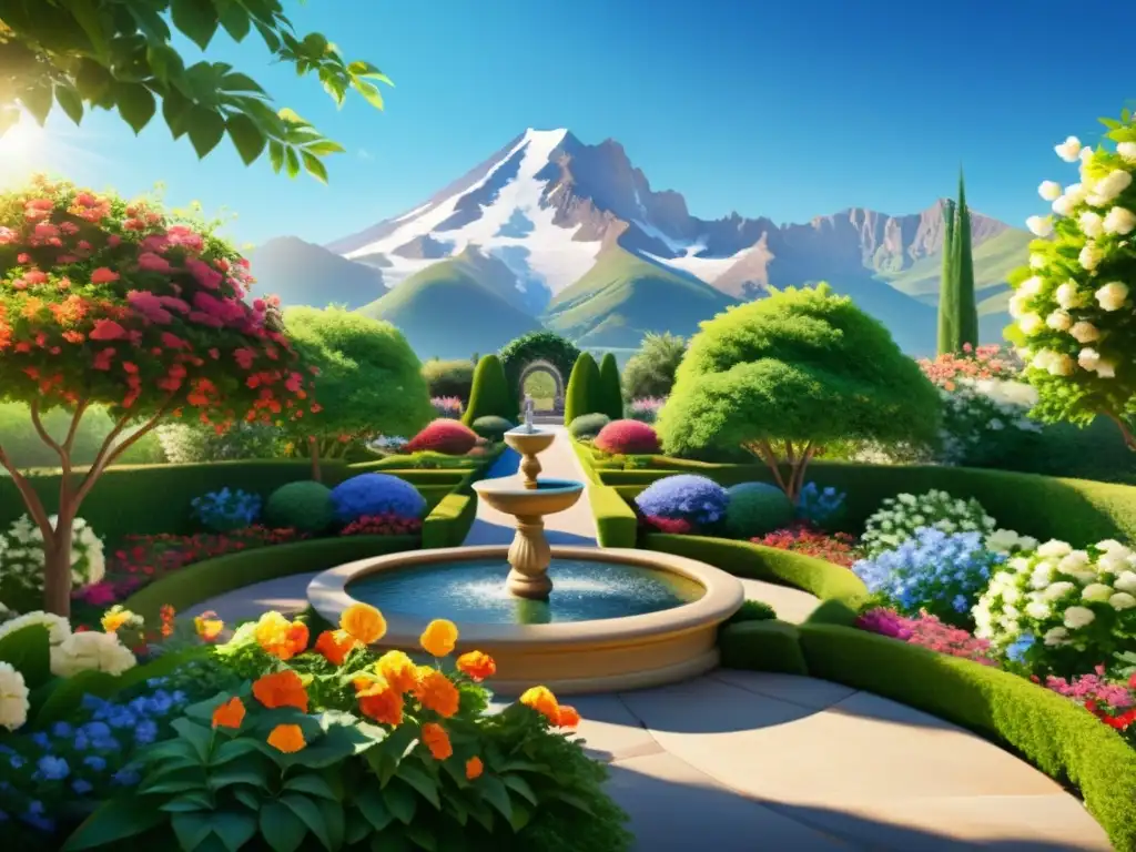 Jardín tranquilo con flores vibrantes, senderos serpenteantes y una fuente serena