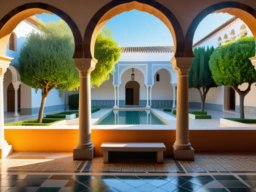 Un tranquilo patio andaluz con mosaicos, naranjos en flor y arquitectura antigua