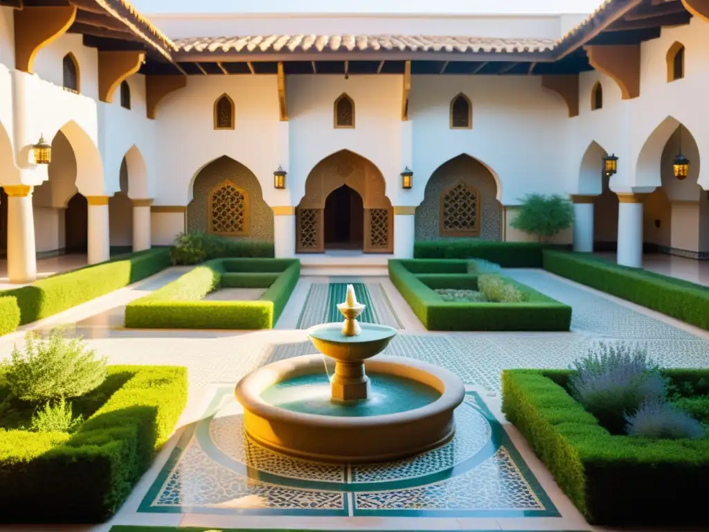 Patio de Sanación Islámica: Fuente de Serenidad Un tranquilo patio bañado por el sol en un centro de sanación islámica, con patrones geométricos en azulejos