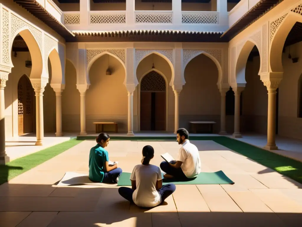 Un tranquilo patio iluminado por el sol con estudiantes estudiando textos árabes clásicos