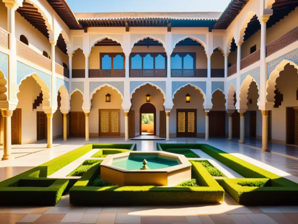 Un tranquilo patio de madrasa con mosaicos brillantes, jardines exuberantes y estudiantes inmersos en discusiones académicas