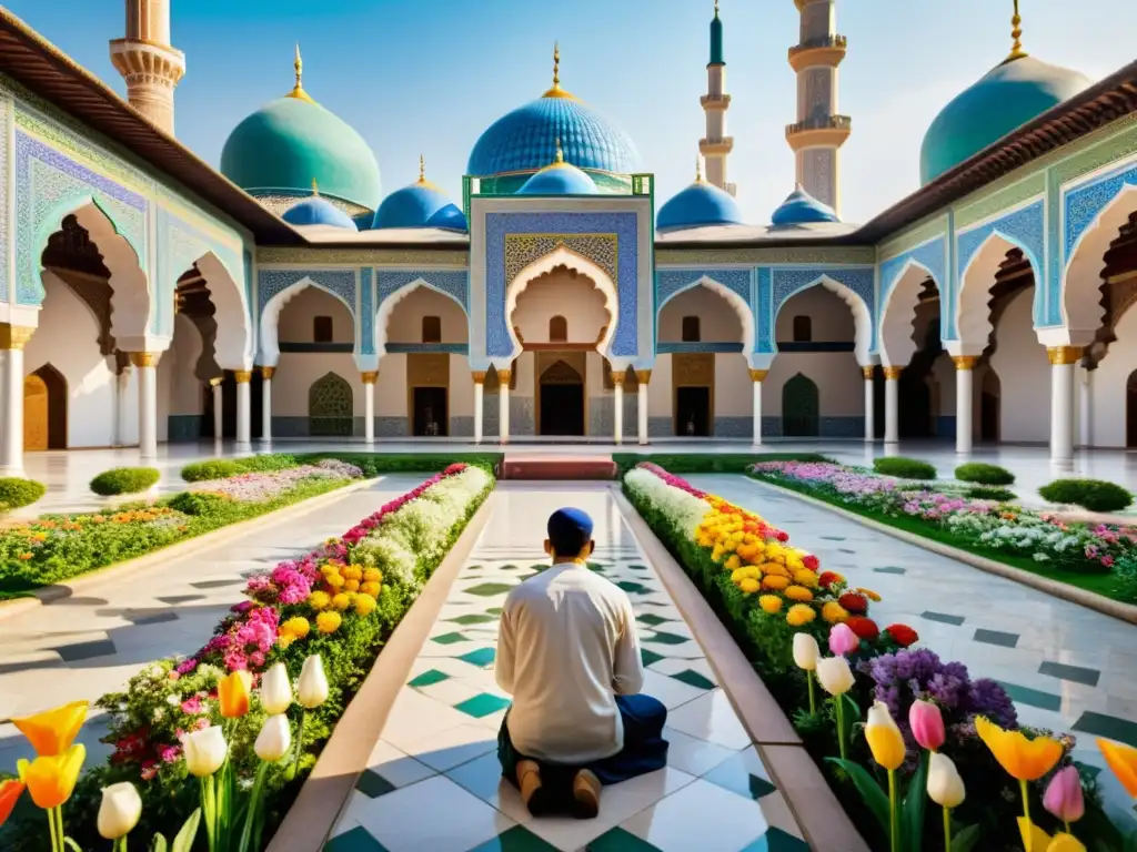 Un tranquilo patio de mezquita con jardín y animales, simbolizando el cuidado de mascotas en el Islam