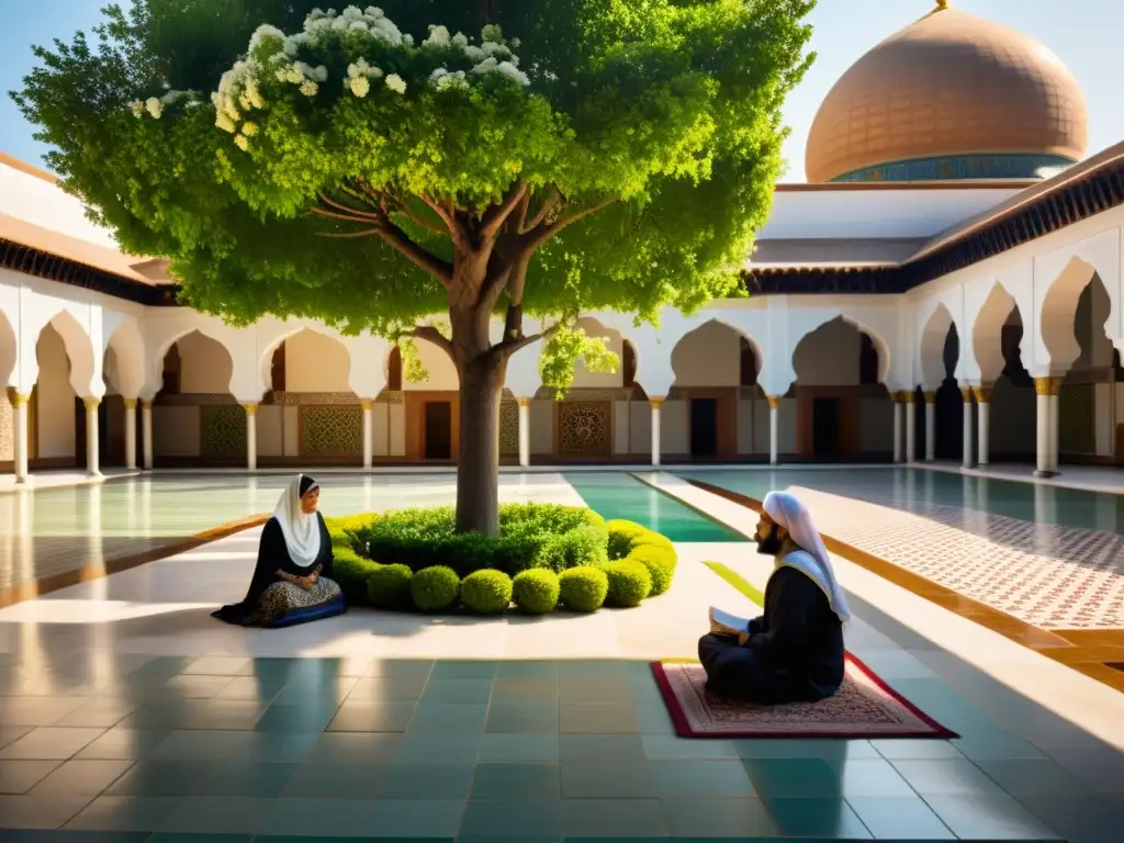 Un tranquilo patio de mezquita con árboles frondosos y flores en flor