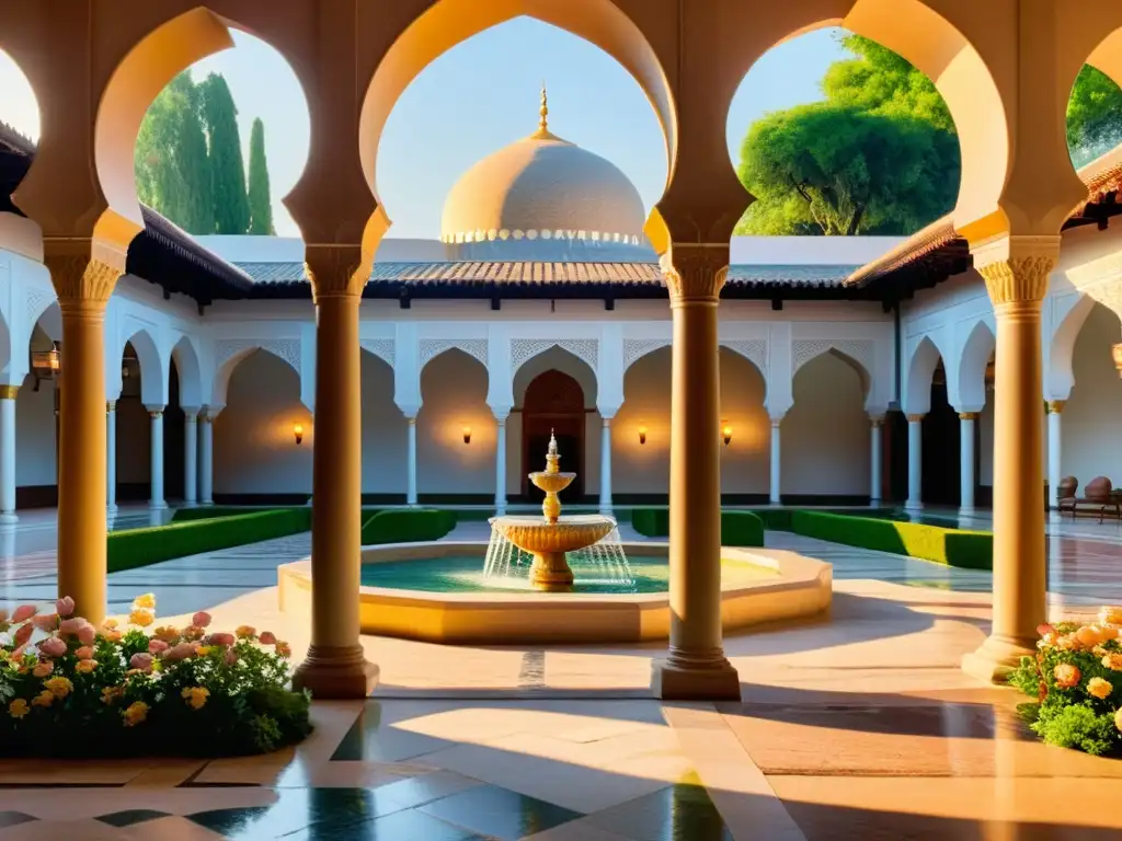 Un tranquilo patio de mezquita al atardecer, iluminado por cálida luz dorada