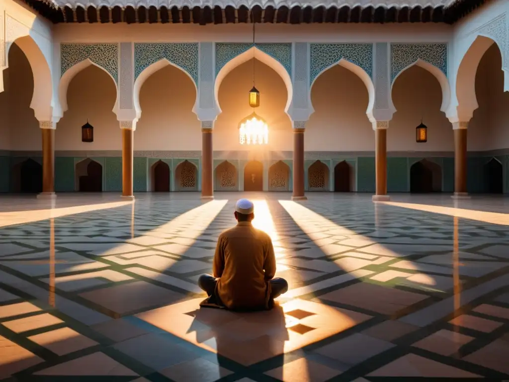 Un tranquilo patio de mezquita al atardecer, con luz suave y patrones geométricos, evoca prácticas místicas en el Islam temprano