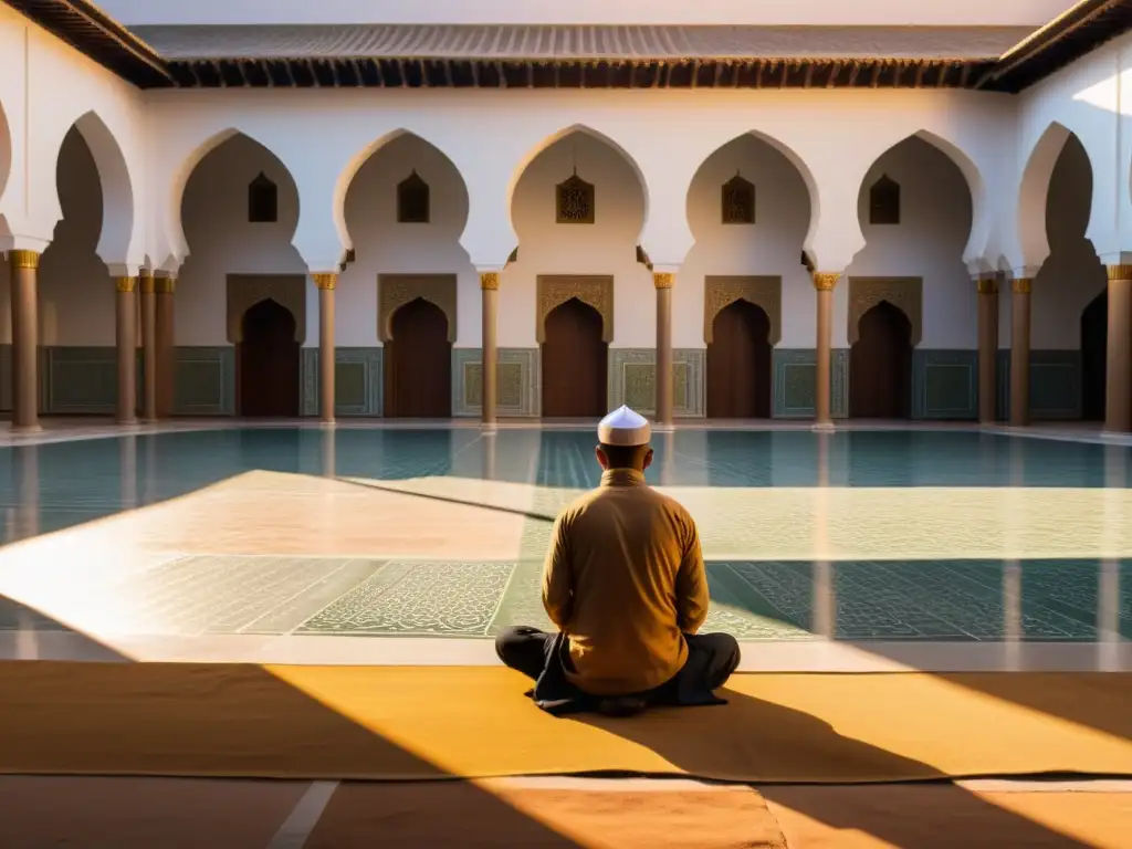 Un tranquilo patio de mezquita al atardecer con intrincados patrones geométricos y luz dorada