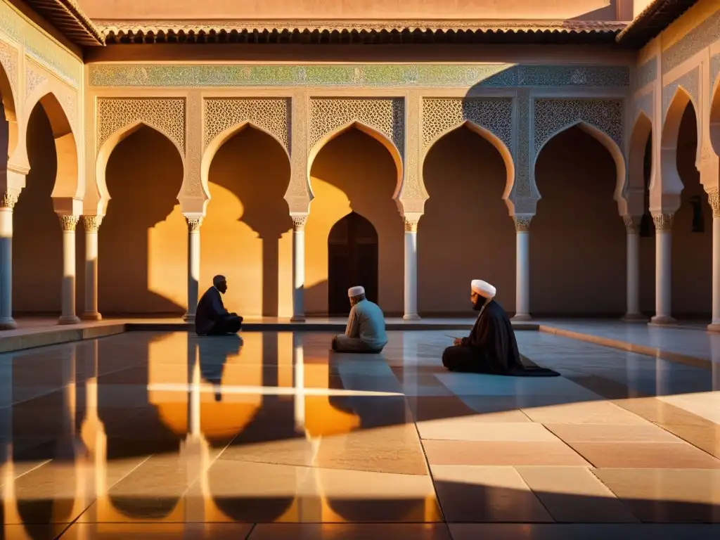 Un tranquilo patio de mezquita al atardecer, bañado por la cálida luz dorada