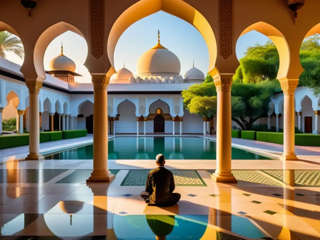 Un tranquilo patio de mezquita al atardecer, con luz dorada sobre patrones geométricos y arcos ornamentados