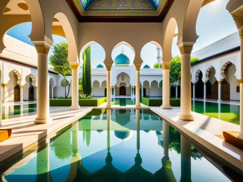 Un tranquilo patio de mezquita con un claro estanque reflectante en su centro, evocando el significado espiritual del agua en mezquitas