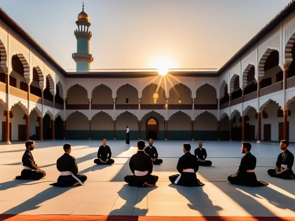 Un tranquilo patio de mezquita donde los estudiantes practican artes marciales al atardecer