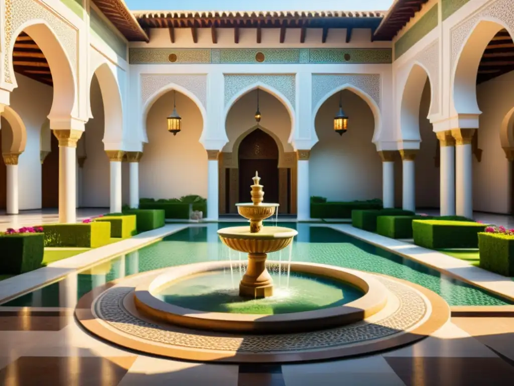 Un tranquilo patio de una mezquita islámica con patrones geométricos y una fuente serena