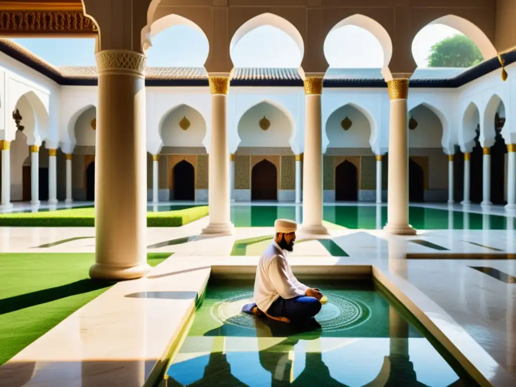 Un tranquilo patio de mezquita con suelos de mármol impecables, una brillante fuente y exuberante vegetación