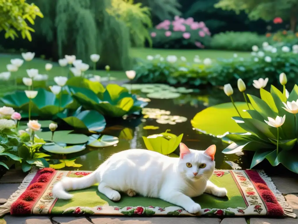 Un jardín tranquilo y sereno con un gato blanco descansando en una alfombra persa