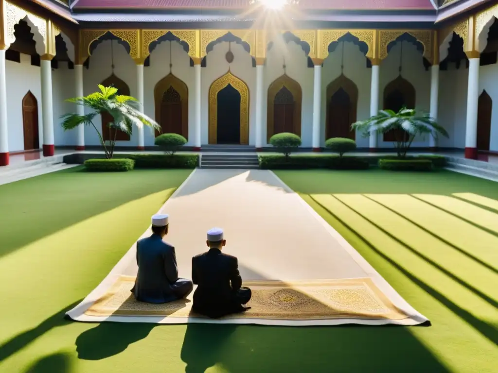 Un tranquilo y soleado patio de mezquita en el bullicioso corazón de una ciudad del sudeste asiático