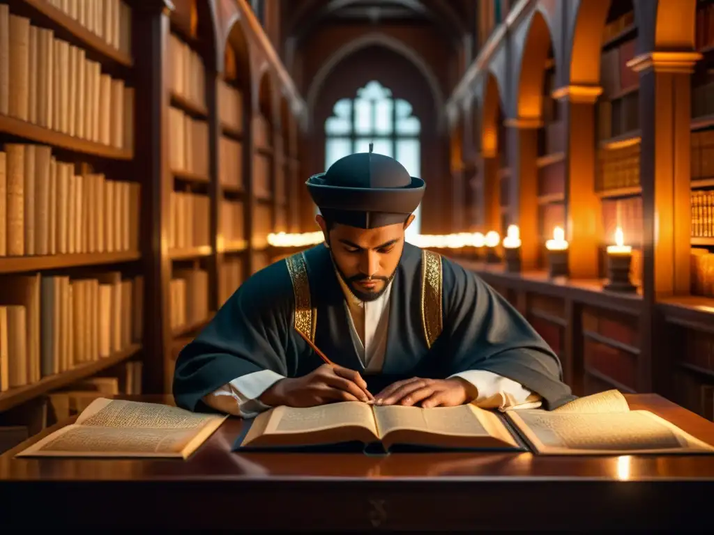 Ibn alHaytham estudia tratados de óptica en una biblioteca decorada, iluminado por velas, sumergido en pensamientos