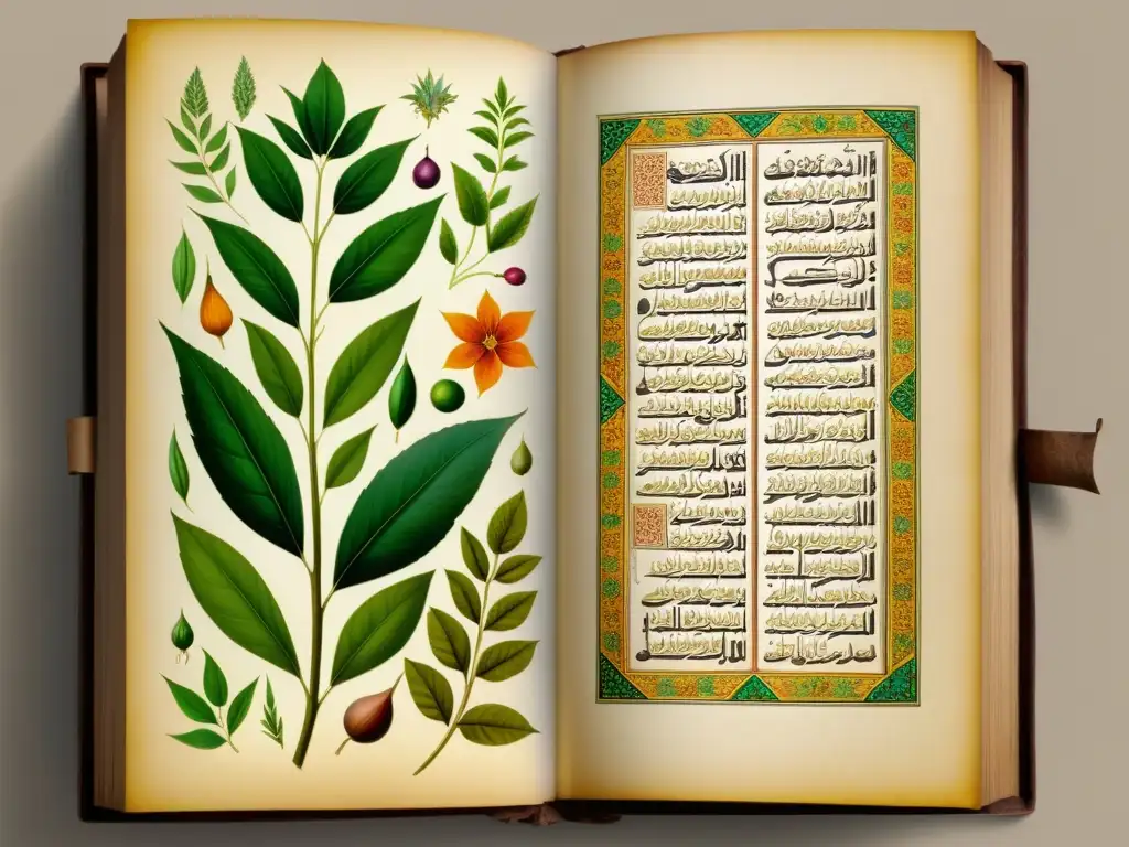 Tratados botánicos del Islam: Ilustración vibrante de antiguo manuscrito islámico con plantas medicinales detalladas y caligrafía árabe