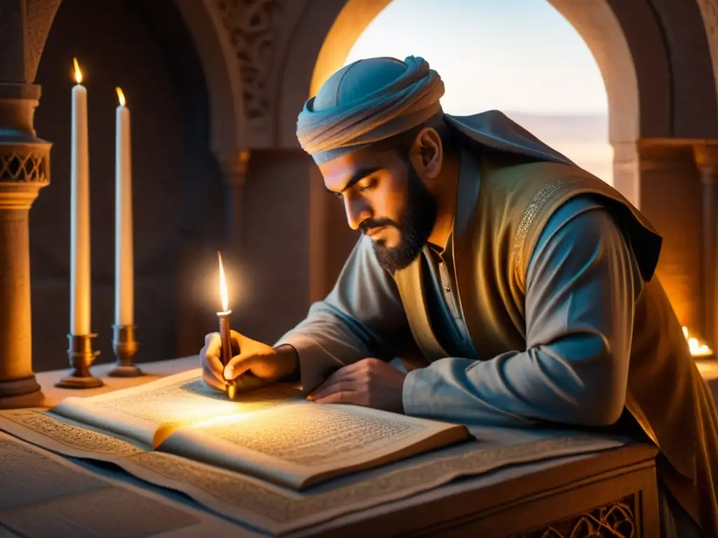 Ibn alHaytham estudia tratados de óptica en la observatorio medieval, rodeado de instrumentos y mapas celestiales, bajo la cálida luz de las velas