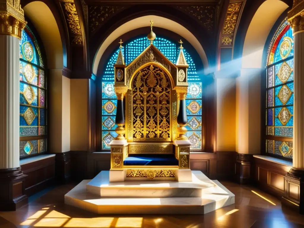 Trono de mármol adornado con gemas y oro en palacio opulento del Sultanato Solimán el Magnífico