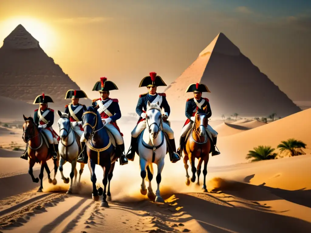 Napoleón liderando sus tropas en el desierto de Egipto, con las icónicas pirámides al fondo