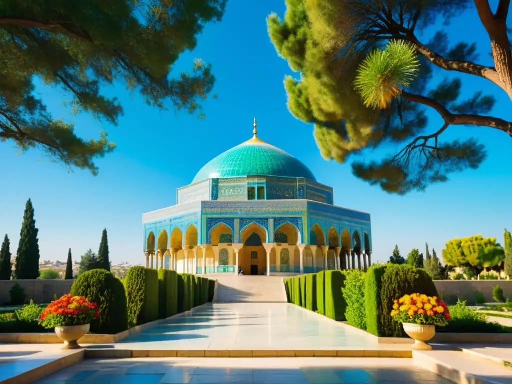 La tumba de Hafez en Shiraz, Irán: cúpula turquesa, jardines exuberantes y visitantes en reverencia