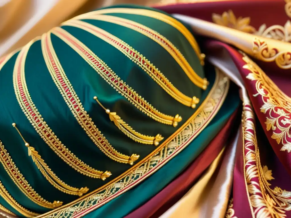 Un turbante islámico elaborado con ricos colores y delicados detalles, significado histórico del turbante islámico