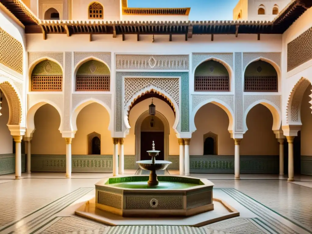 Universidad de Al Quaraouiyine en Fez, Marruecos, fundada por Fatima al Fihri, con arquitectura icónica, fuentes serenas y atmósfera académica