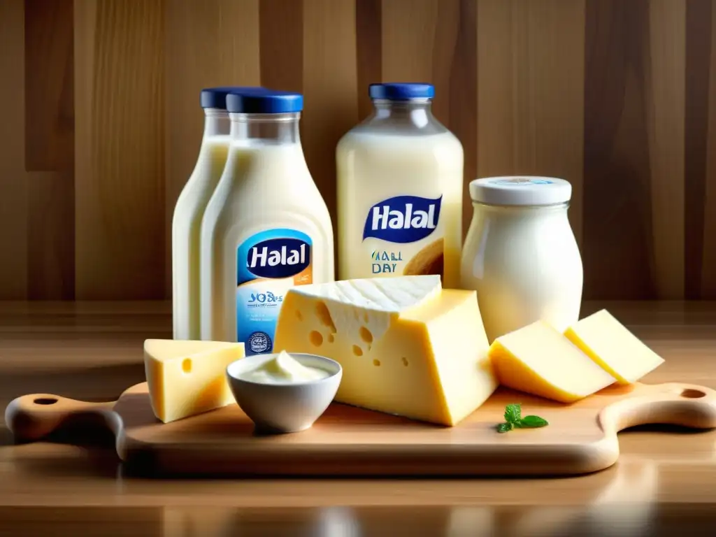 Variedad de productos lácteos Halal en tabla de madera con luz natural, destacando la importancia nutricional de la leche Halal